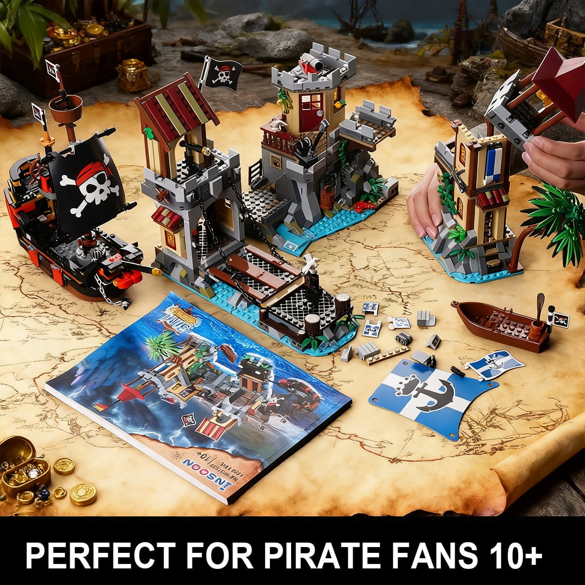 INSOON 1502-Piece Pirate Castle Building Set with LED Lights & 3 Modes, Transformable Ship Bay Model for Adults, Teens & Kids 10+