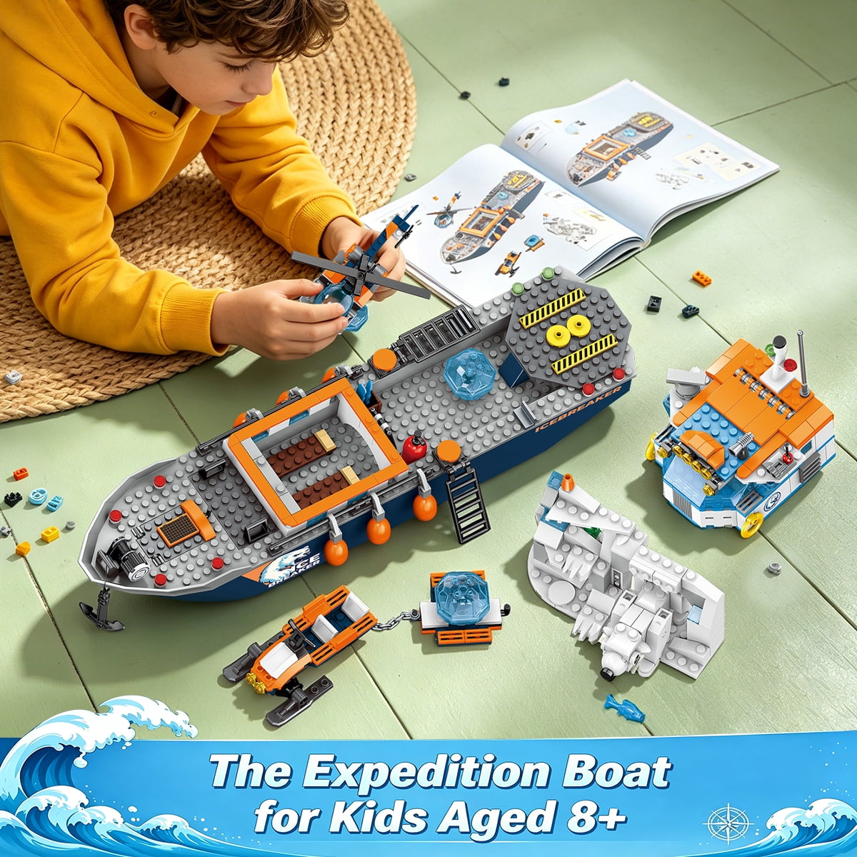 TERRAMUS Ocean Arctic Explorer Ship Building Set, 482 Pcs Polar Adventure Icebreaker Boat Building Blocks Kit with Helicopter, Snowmobile, and Animal Figures Toy for Kids Age 8+