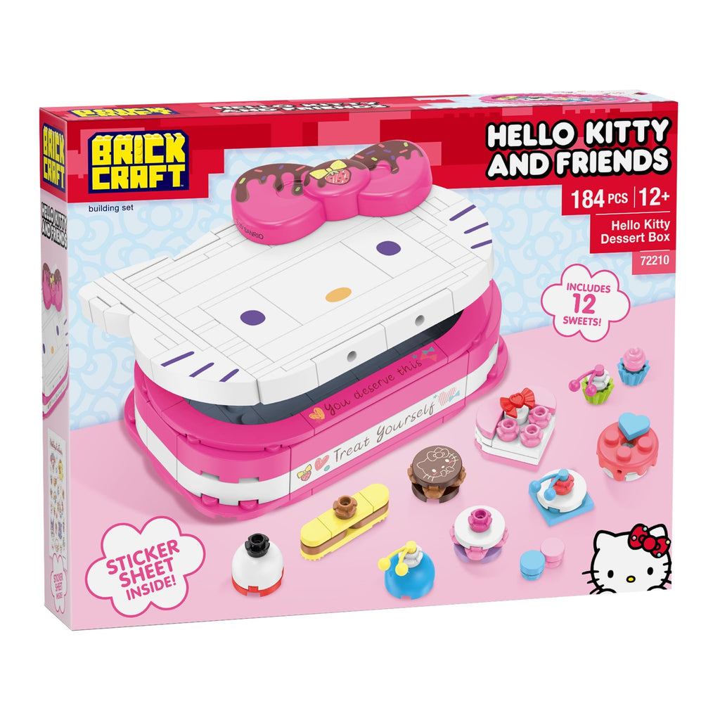 Brickcraft Hello Kitty Dessert Box Building Kit (184-Piece Set), Sanrio Buildable Sweets Set with Chocolate Bow Lid, Decorative Stickers, Ages 12+