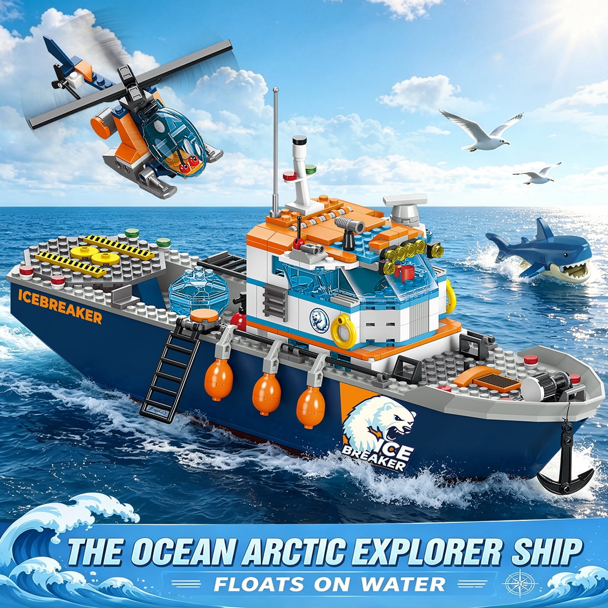 TERRAMUS Ocean Arctic Explorer Ship Building Set, 482 Pcs Polar Adventure Icebreaker Boat Building Blocks Kit with Helicopter, Snowmobile, and Animal Figures Toy for Kids Age 8+