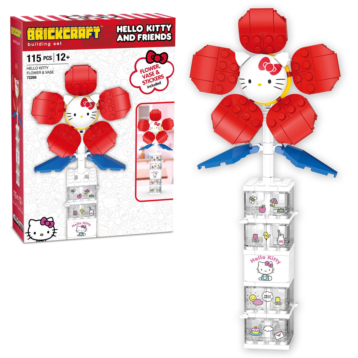 Brickcraft Hello Kitty Flower & Vase Building Kit (115 Plastic Pieces), Sanrio Hello Kitty Collection, Floral Decoration & Modular Vase Bouquet, Cute Home Décor