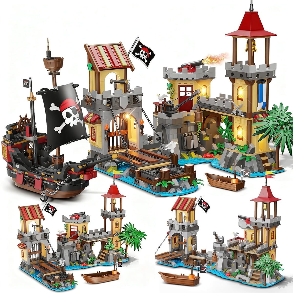 INSOON 1502-Piece Pirate Castle Building Set with LED Lights & 3 Modes, Transformable Ship Bay Model for Adults, Teens & Kids 10+