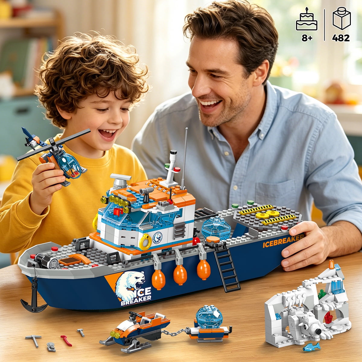 TERRAMUS Ocean Arctic Explorer Ship Building Set, 482 Pcs Polar Adventure Icebreaker Boat Building Blocks Kit with Helicopter, Snowmobile, and Animal Figures Toy for Kids Age 8+