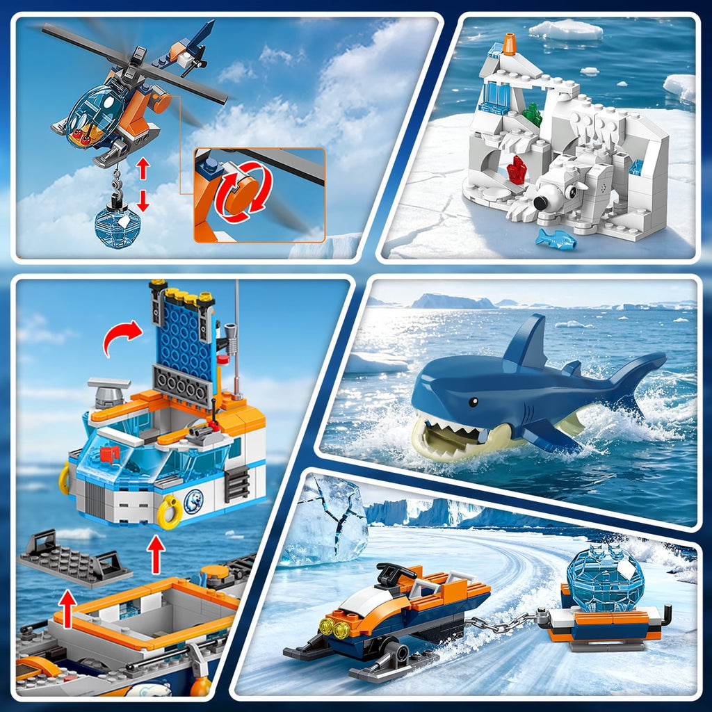 TERRAMUS Ocean Arctic Explorer Ship Building Set, 482 Pcs Polar Adventure Icebreaker Boat Building Blocks Kit with Helicopter, Snowmobile, and Animal Figures Toy for Kids Age 8+