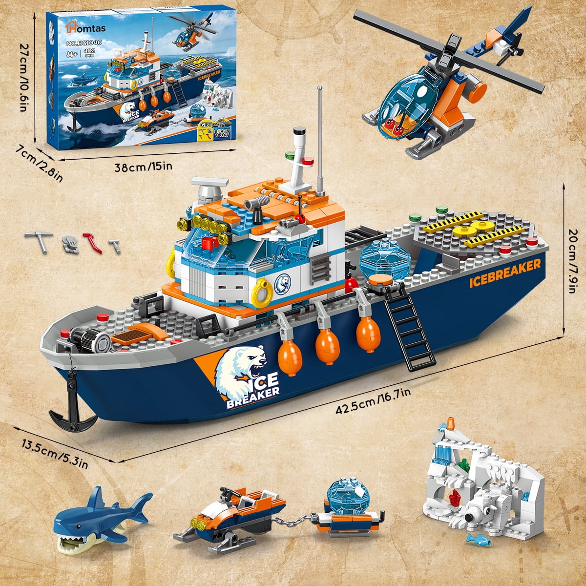 TERRAMUS Ocean Arctic Explorer Ship Building Set, 482 Pcs Polar Adventure Icebreaker Boat Building Blocks Kit with Helicopter, Snowmobile, and Animal Figures Toy for Kids Age 8+