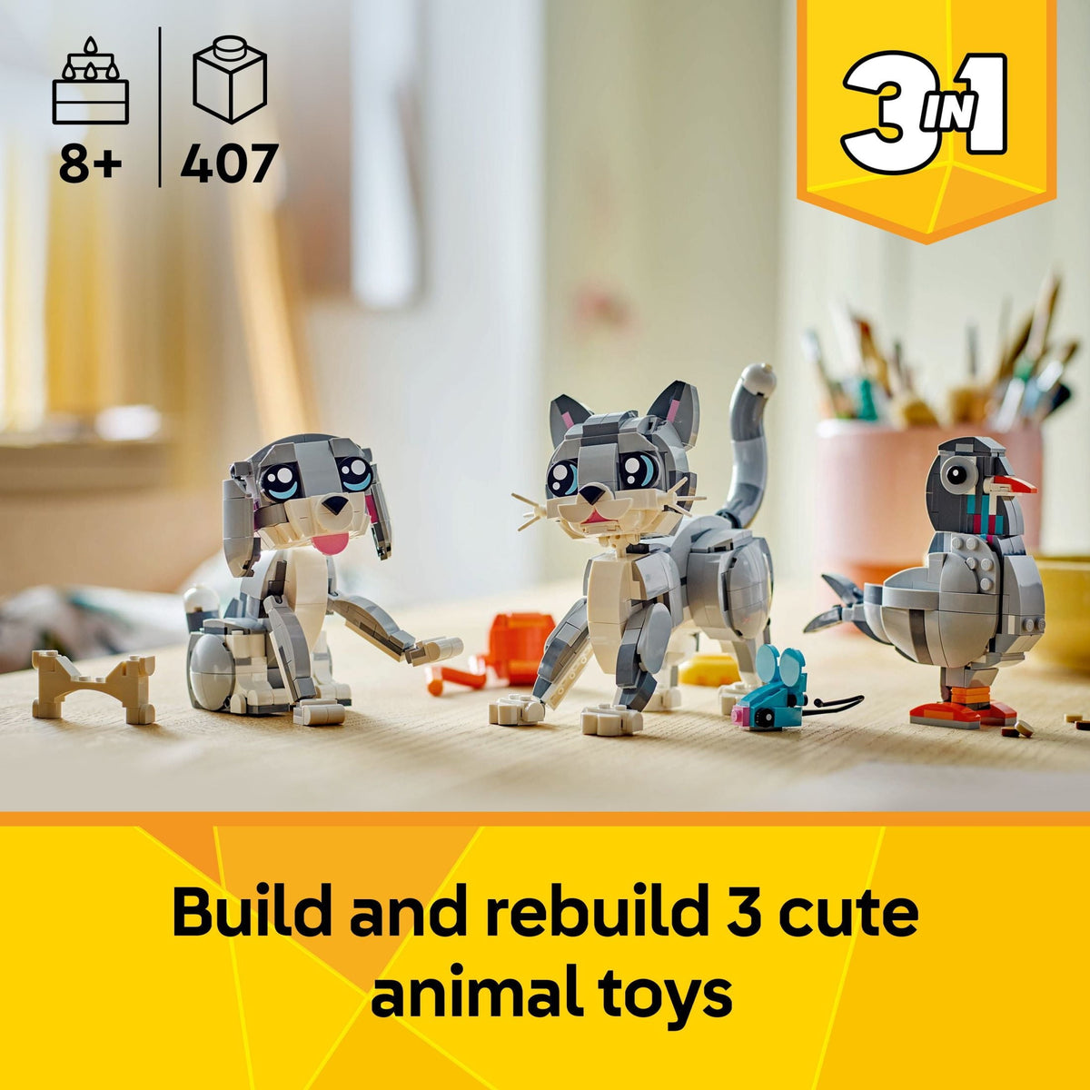 LEGO Creator 3in1 Playful Cat Toy - Building Toys W/ 3 Building Options, Cat, Dog, or Pigeon - Animal Figures for Kids, Girls & Boys, Ages 8+ - Gift Ideas for Birthday - 31163